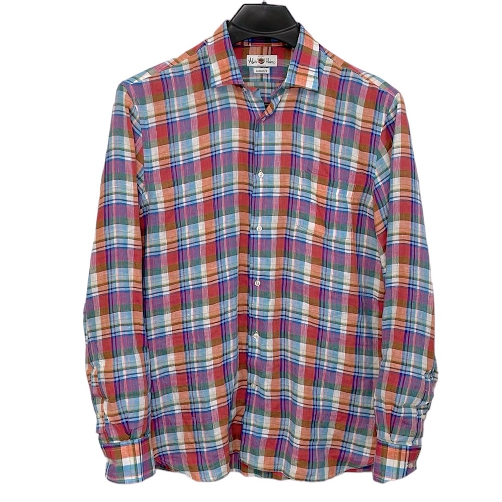 Alan Payne men’s Large‎ 100% Linen multicolor plaid long sleeve shirt. EUC